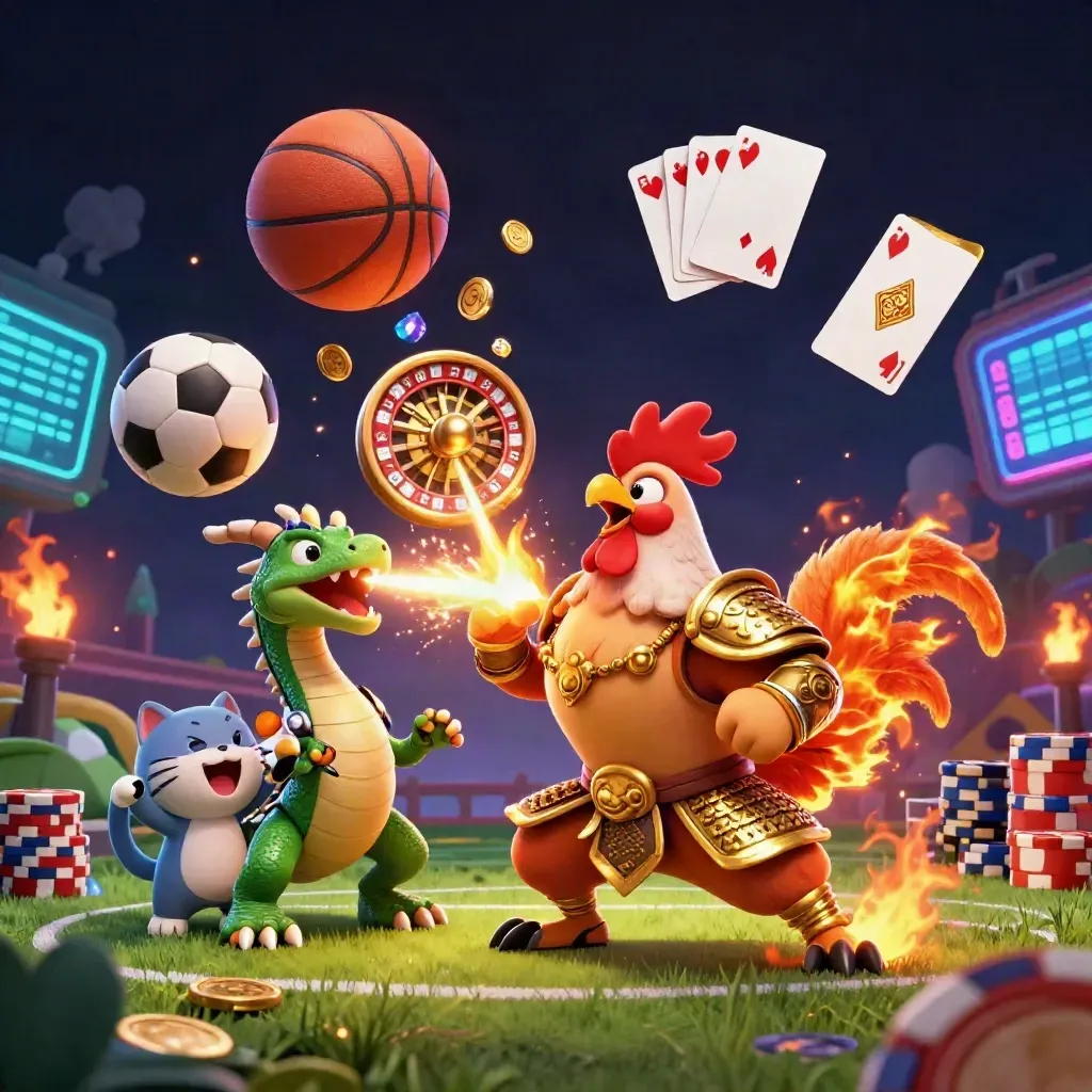 Ayam samurai, naga kecil, dan kucing keberuntungan di arena neon dengan bola dan koin beterbangan.