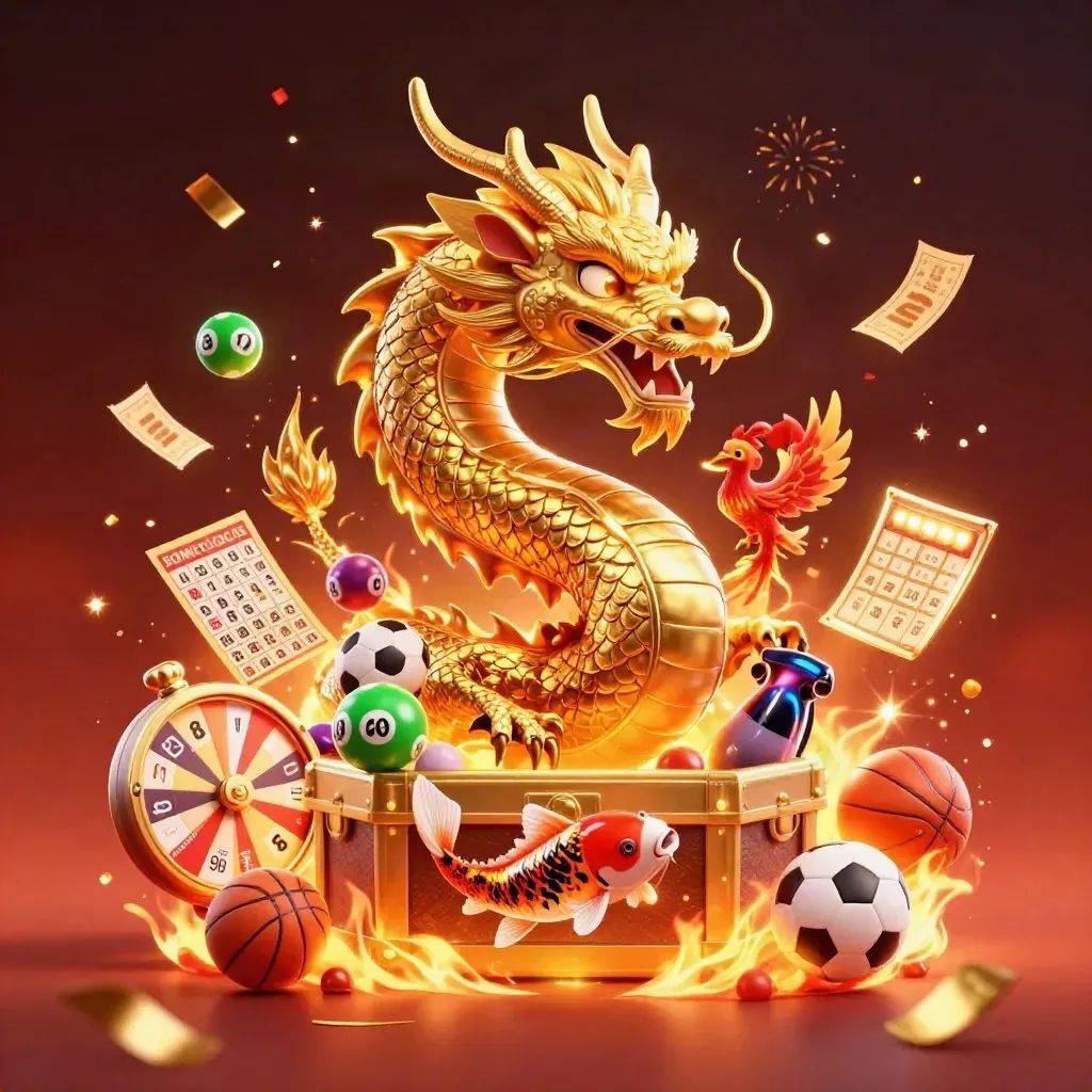 Naga emas, phoenix merah, koi, bola lotre, dan roda hadiah di latar api neon.