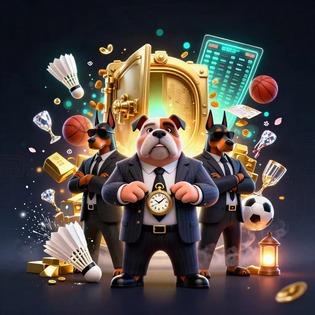 Bulldog mafia dan dua doberman dikelilingi emas, peti harta, dan bola olahraga bercahaya.