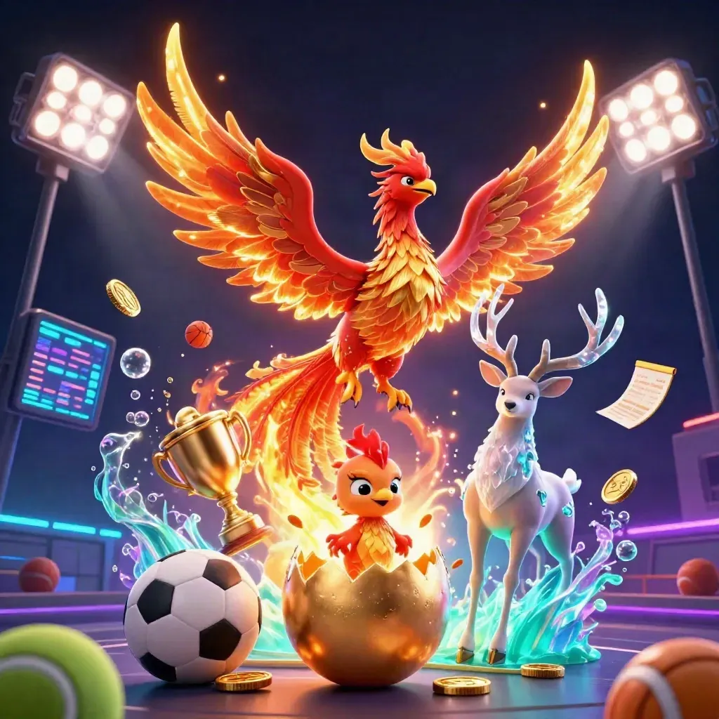 Phoenix api, rusa kristal, dan bayi phoenix di antara bola olahraga dan kilau emas.