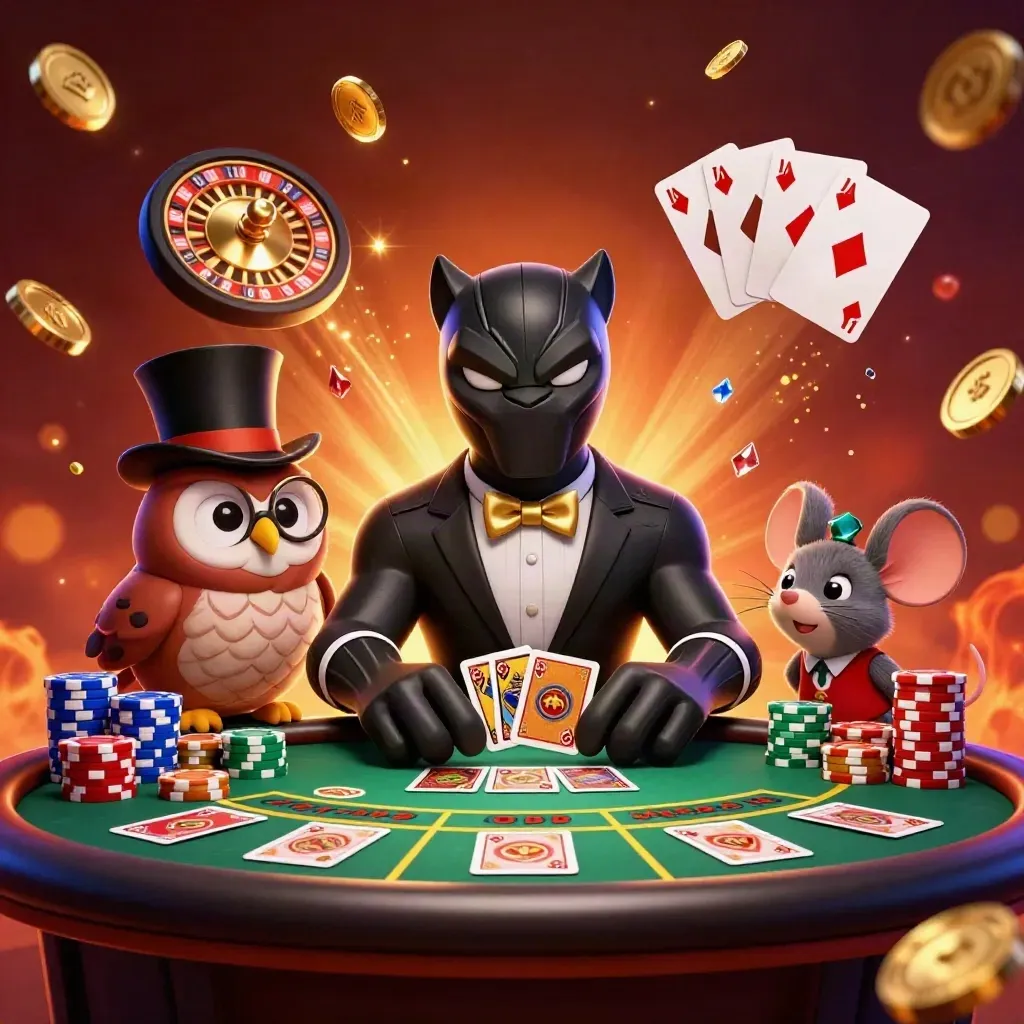 Harimau panther, burung hantu, dan tikus di meja kasino emas dengan koin dan roda roulette.