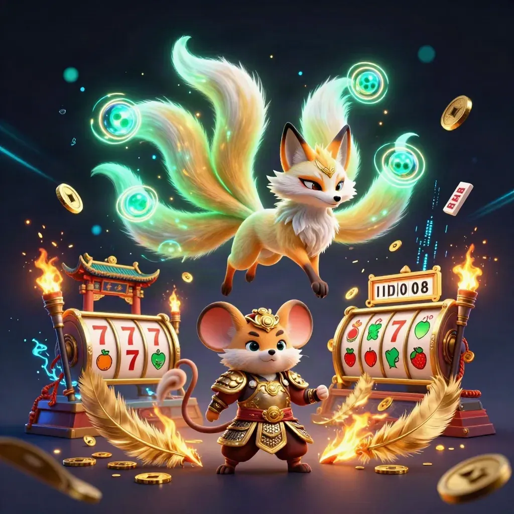 Rubah roh sembilan ekor dan tikus samurai emas dikelilingi koin api, reruntuhan kuil, dan neon hijau.