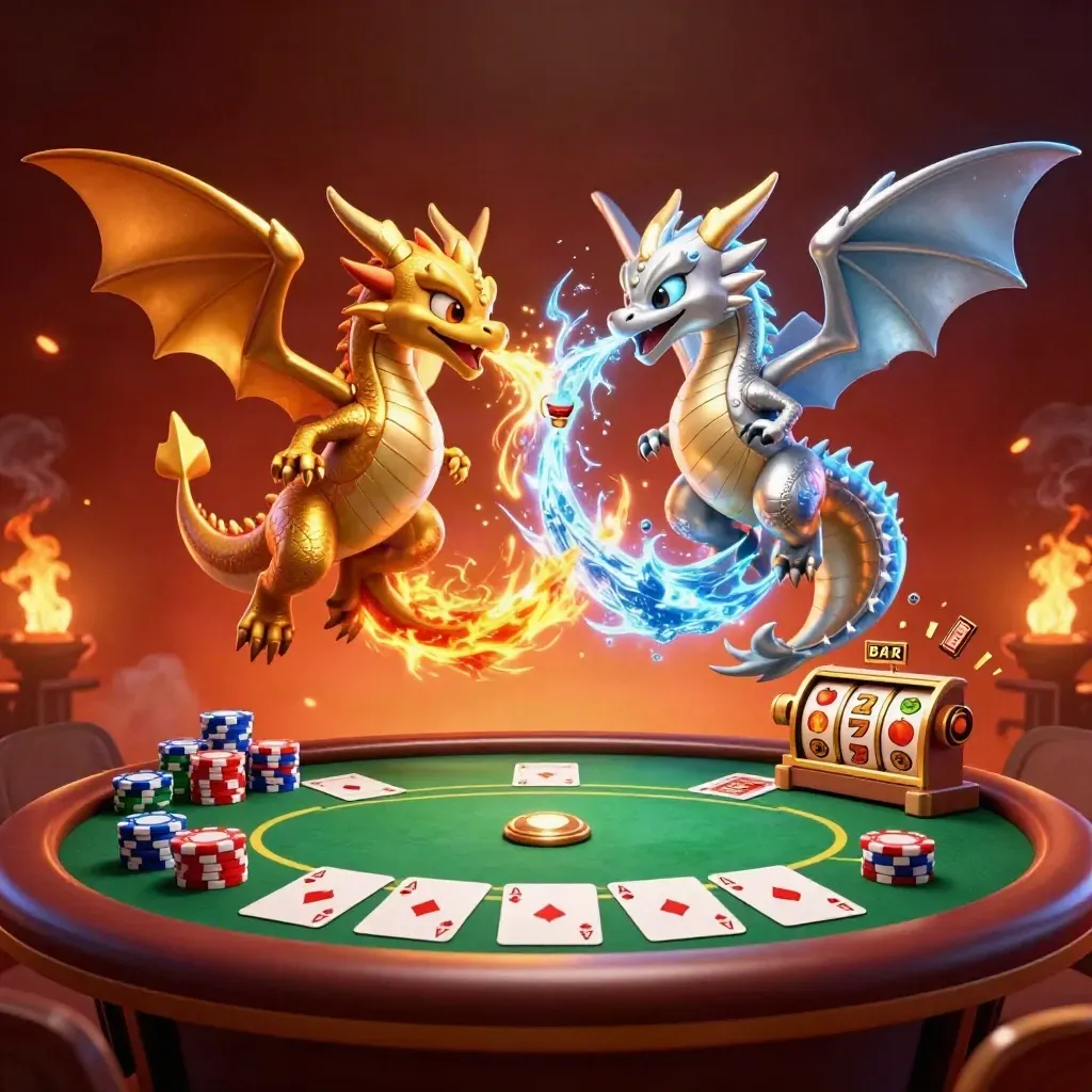 Dua naga kartun emas dan perak terbang melingkar di atas meja poker, efek api, es, dan kilau neon.