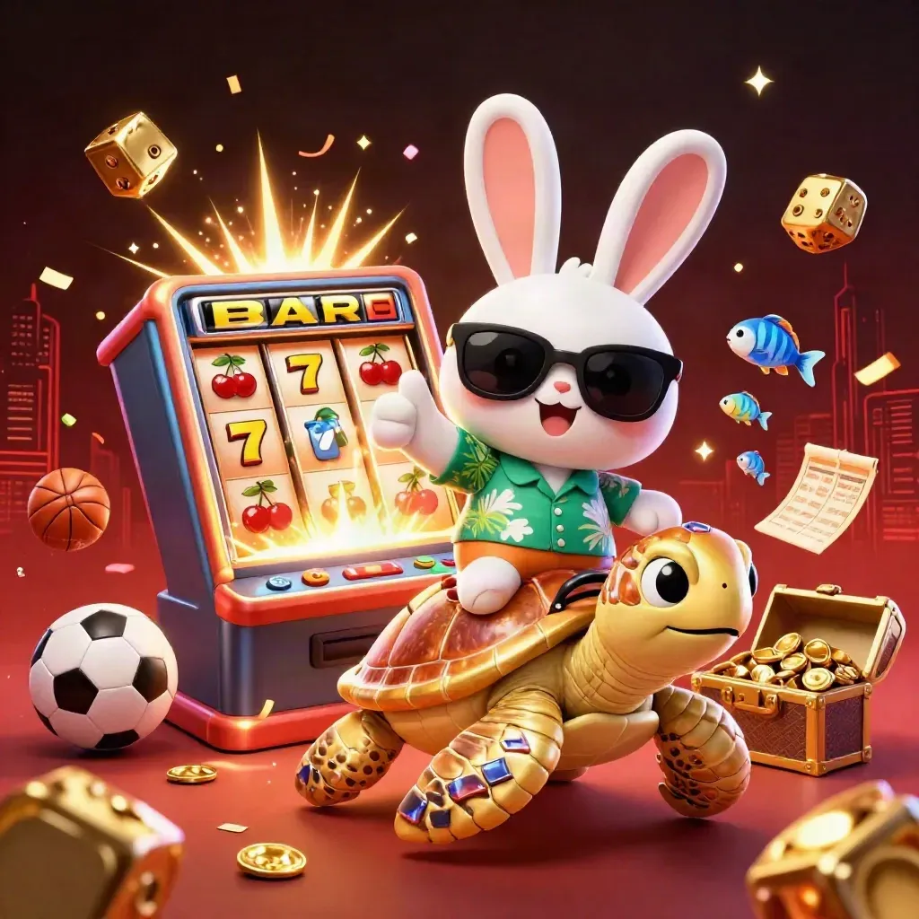 Kelinci kartun naik kura-kura emas dikelilingi simbol slot, koin, kembang api, dan efek cahaya mewah.