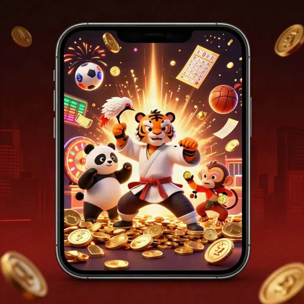 Harimau kung-fu, panda, dan monyet di tengah ledakan koin emas dan efek kasino.