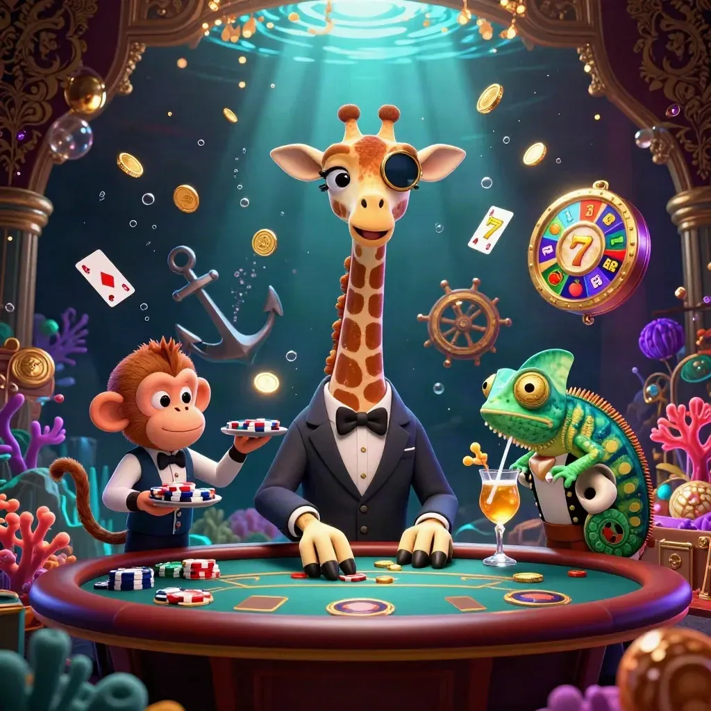 Giraffe suit, monyet, dan bunglon di meja poker emas dengan efek bawah laut mewah