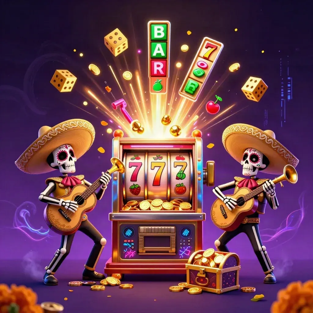 Tiga kerangka mariachi Day of the Dead di tengah slot machine meledak, nuansa neon premium.