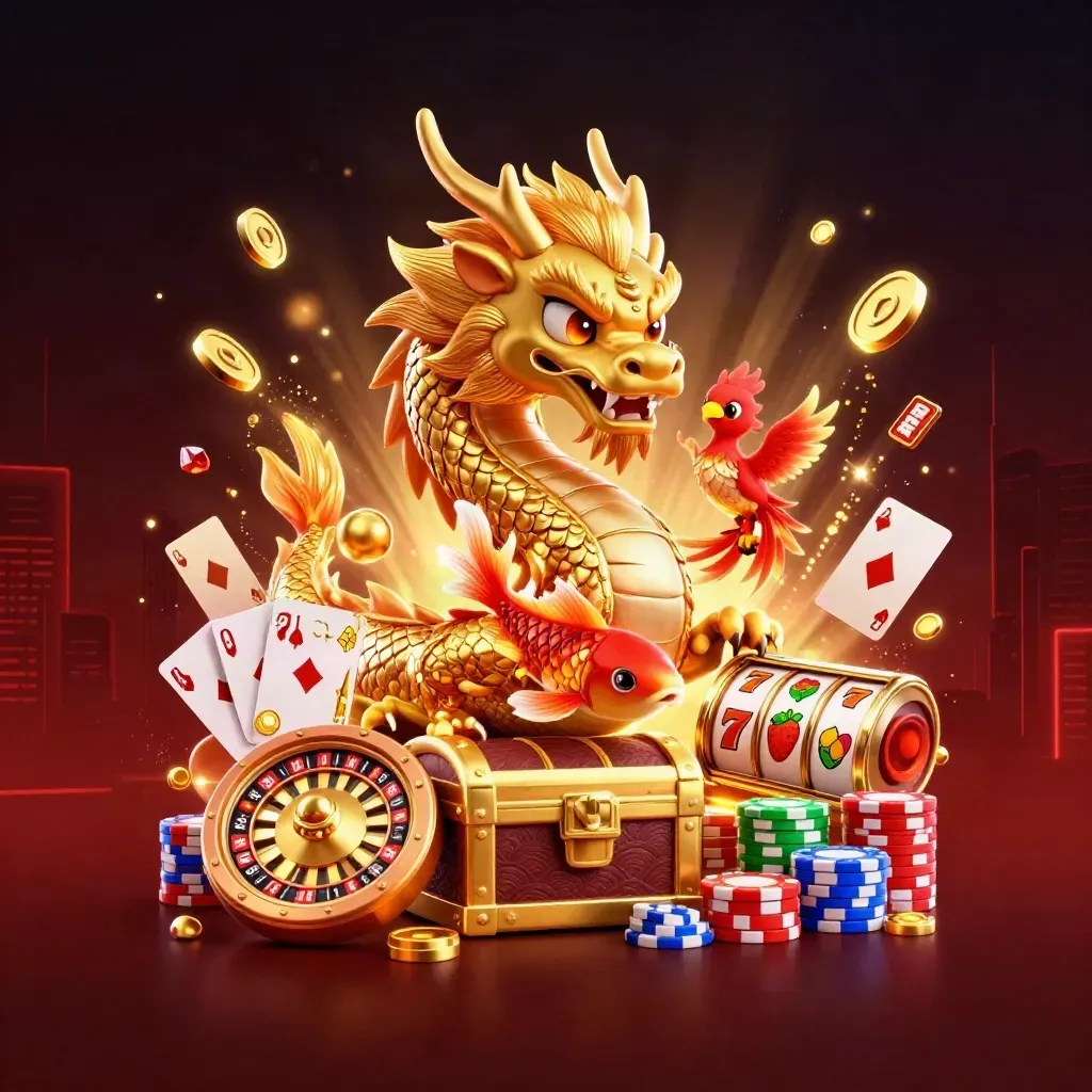 Naga emas 3D melingkar di peti harta, ada phoenix, koi, koin, dan roda roulette.