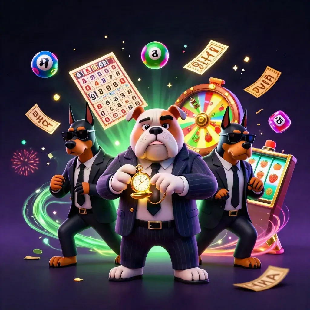 Bulldog bos dan dua doberman di ledakan neon kasino dengan bola lotre dan roda hadiah.