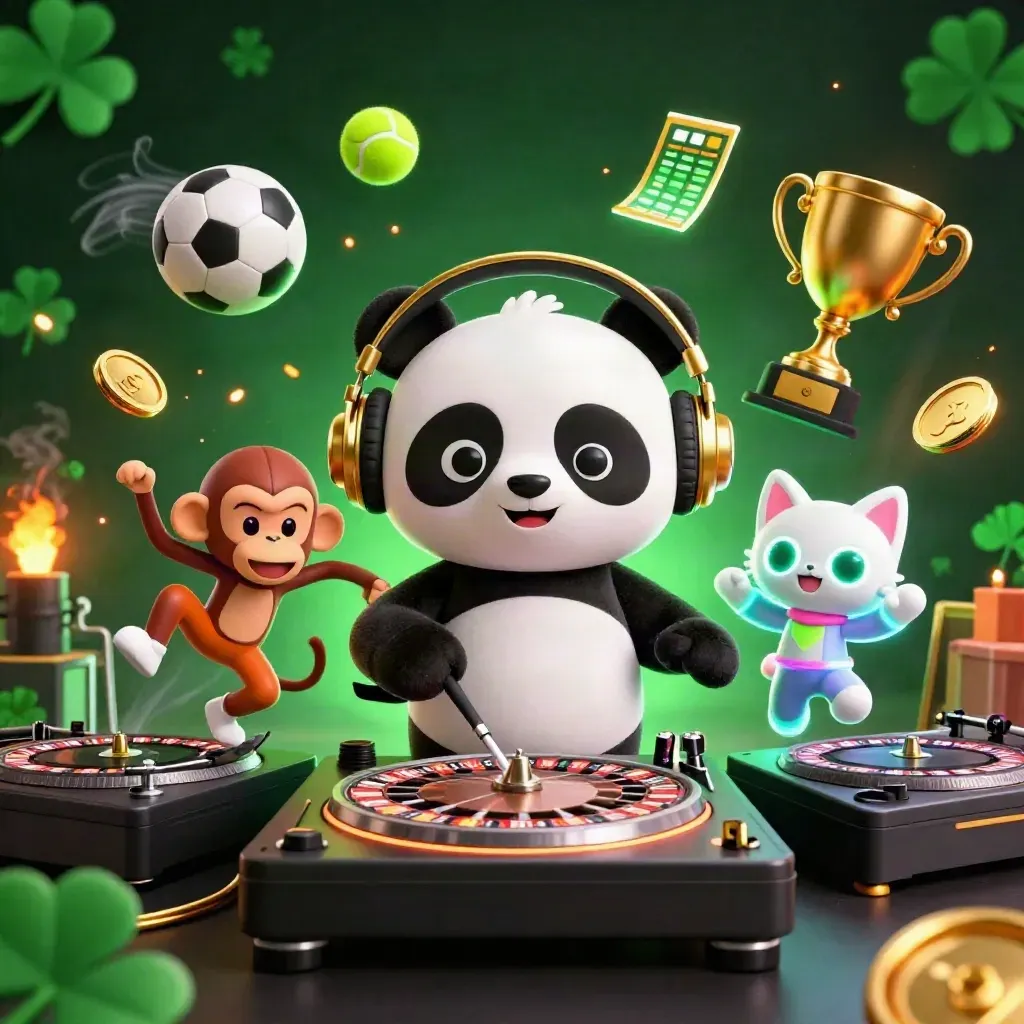 Panda DJ, monyet breakdance, dan kucing neon dikelilingi bola olahraga serta koin emas.