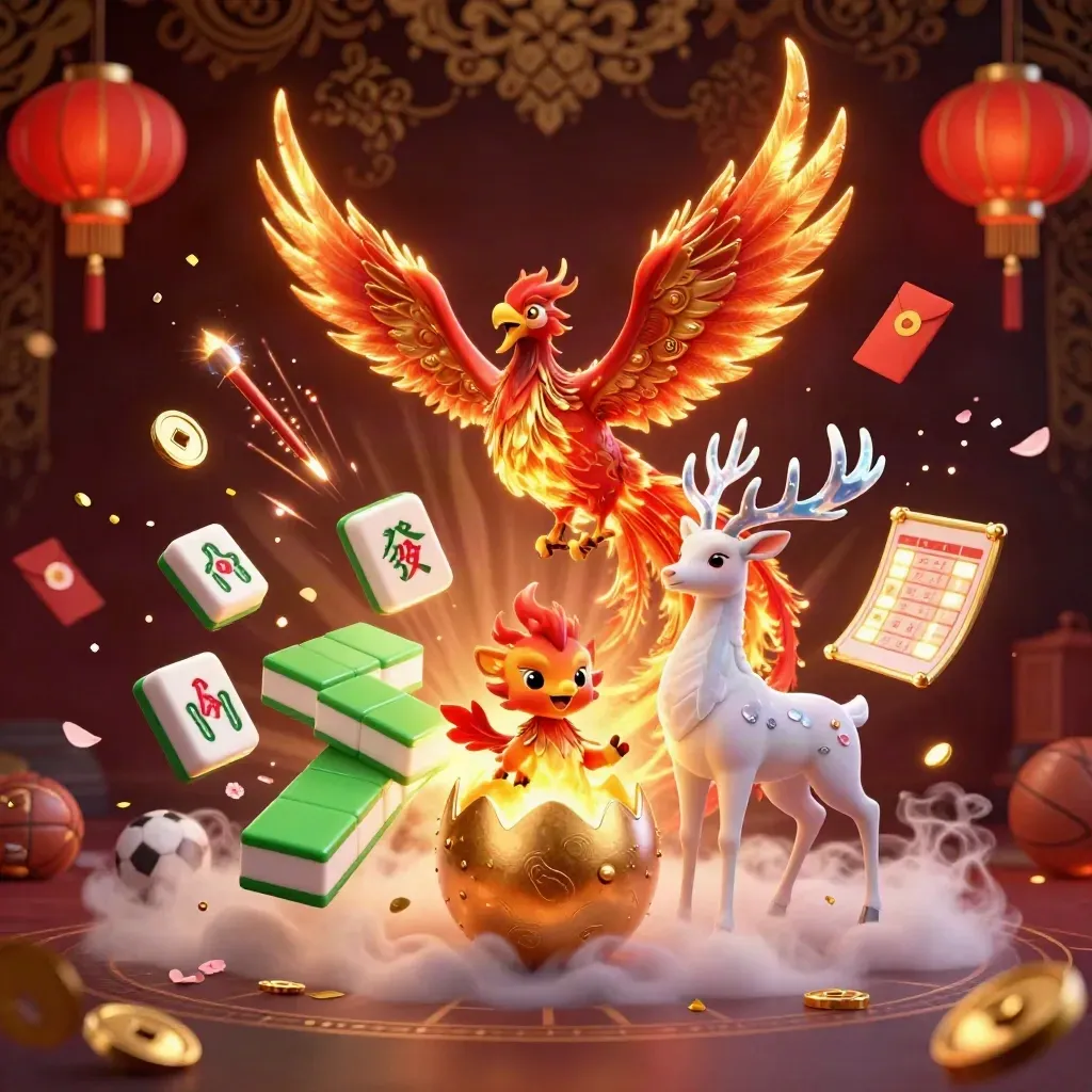 Phoenix, rusa kristal, dan bayi phoenix di telur emas dikelilingi simbol kasino neon.