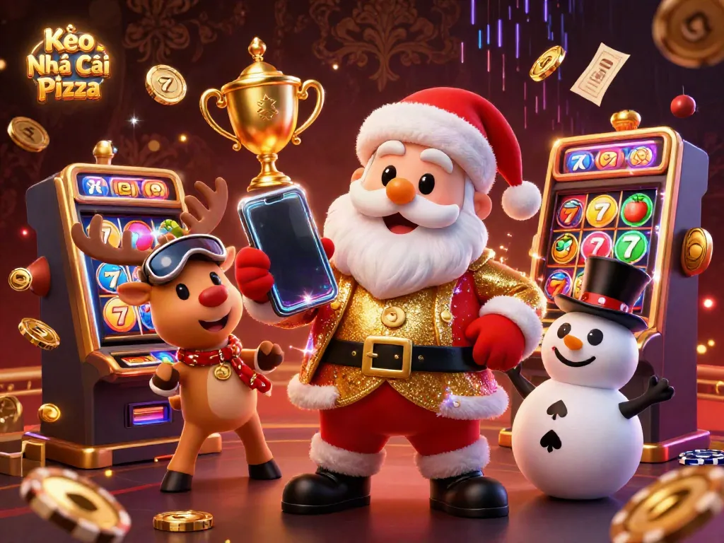 Kèo Nhà Cái Pizza showcases a festive casino scene with Santa, reindeer, and a snowman surrounded by slot machines and gold coins.