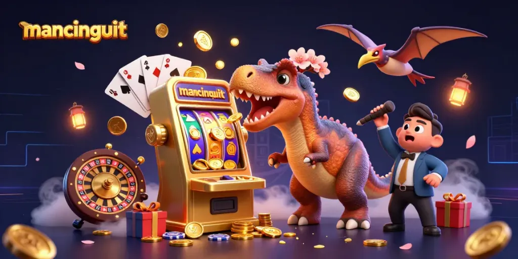 Mancingduit showcases a pachycephalosaurus winning jackpot coins from a golden slot machine amidst a casino chaos