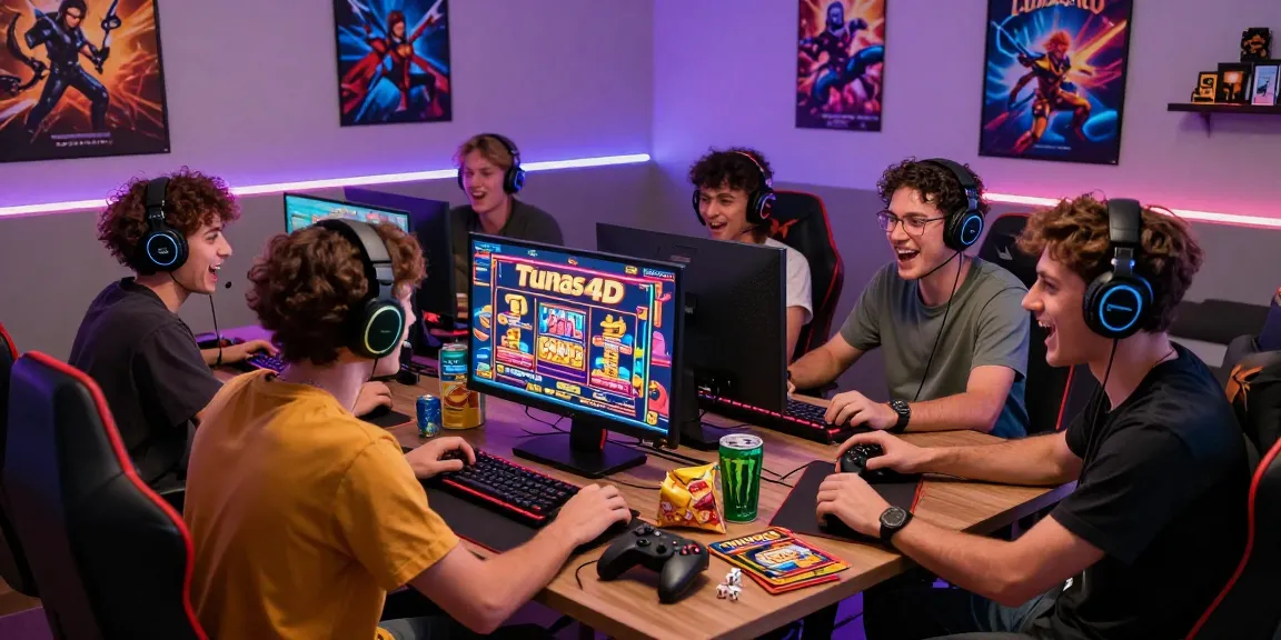 Friends enjoying an exciting gaming session with Tunas4D slots on the screen, showcasing vibrant atmosphere and tech elements.