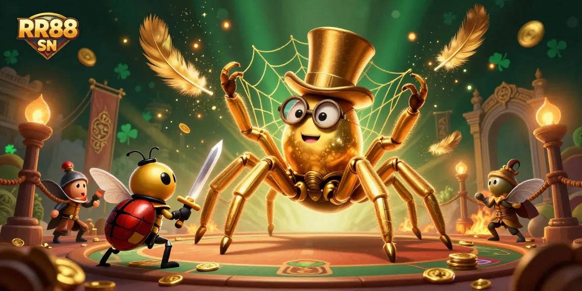 Engage with RR88 SN: A dynamic 3D scene showcasing a golden tarantula, beetle knight, and moth spectators in an immersive casino setting.
