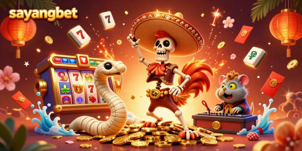 Experience thrilling gaming with sayangbet's vibrant 3D casino scene featuring joyful characters and exciting rewards.