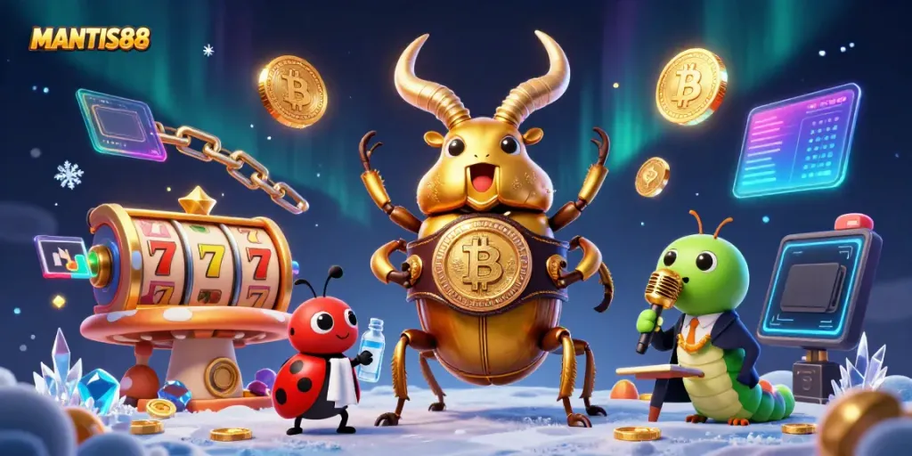 MANTIS88 platform showcasing a golden stag beetle in a casino setting with games and vibrant elements