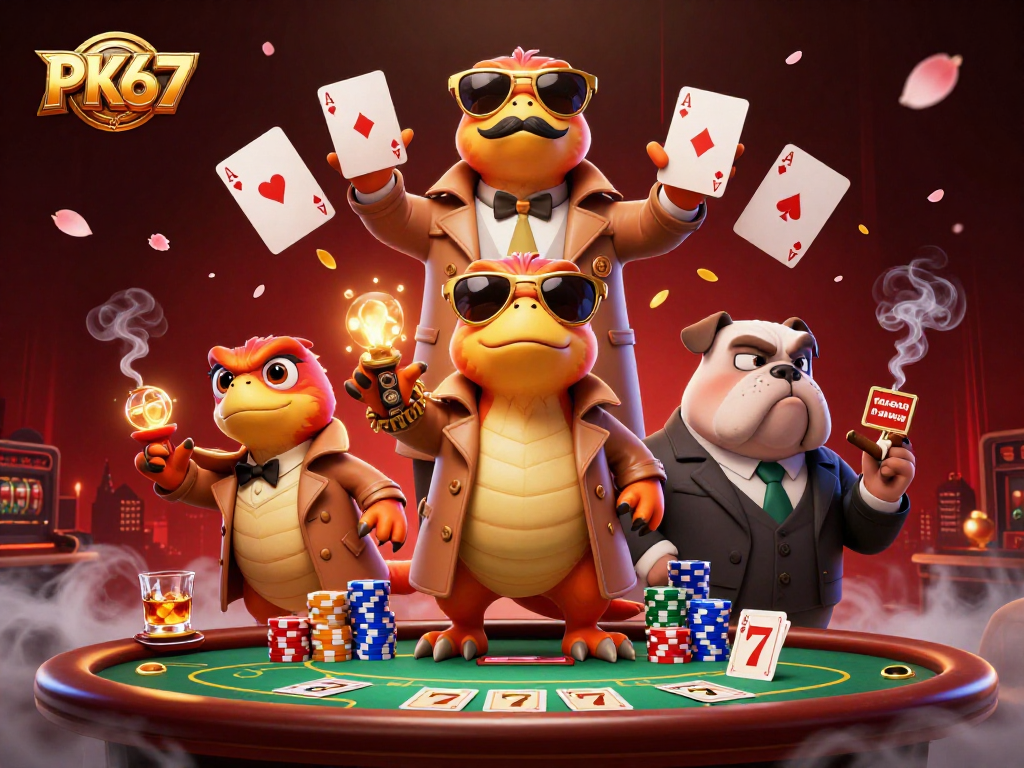 Experience thrilling VIP entry in PK67's animated casino world with raptors and vibrant game elements.