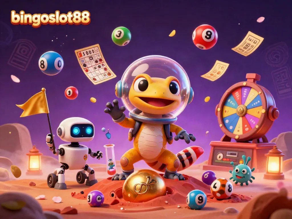Spanduk bingoslot88 yang menarik dengan kasino emas di Mars, bola lotere berwarna, dan efek uang hujan.