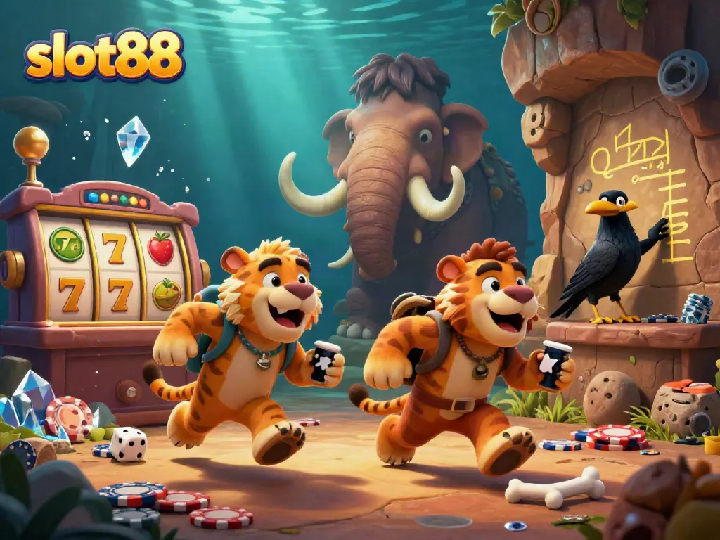 Experience the thrill of slot88 with caveman characters in a prehistoric casino setting.