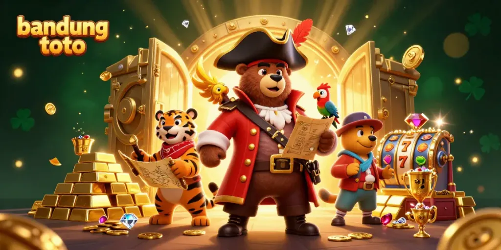 Experience the thrill of bandung toto with a dynamic pirate-themed casino scene featuring treasure and slot reels.