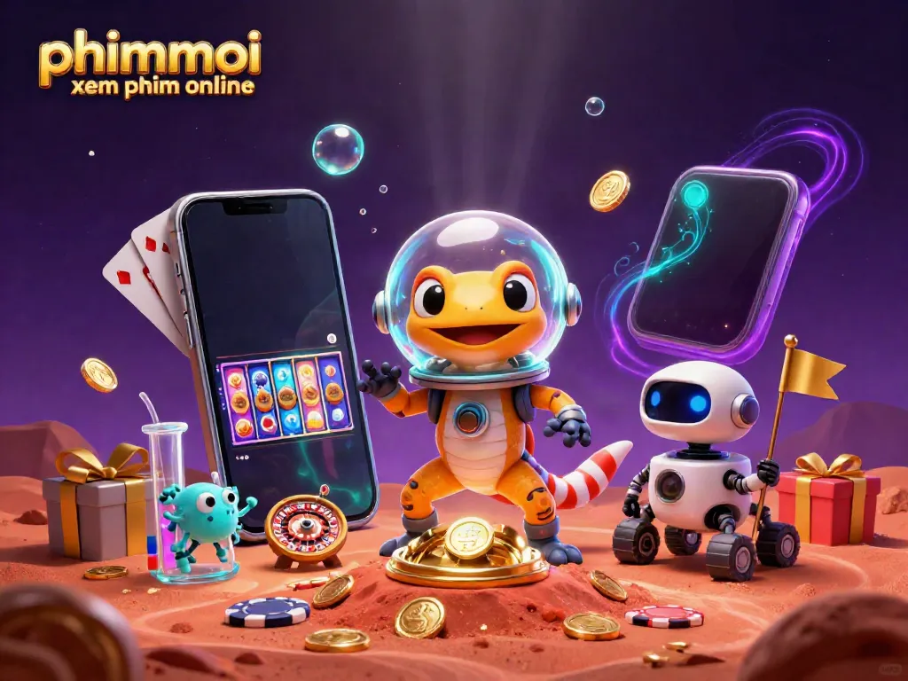 Engage in phimmoi xem phim online with a Martian gecko discovering a golden casino amid vibrant gambling elements.