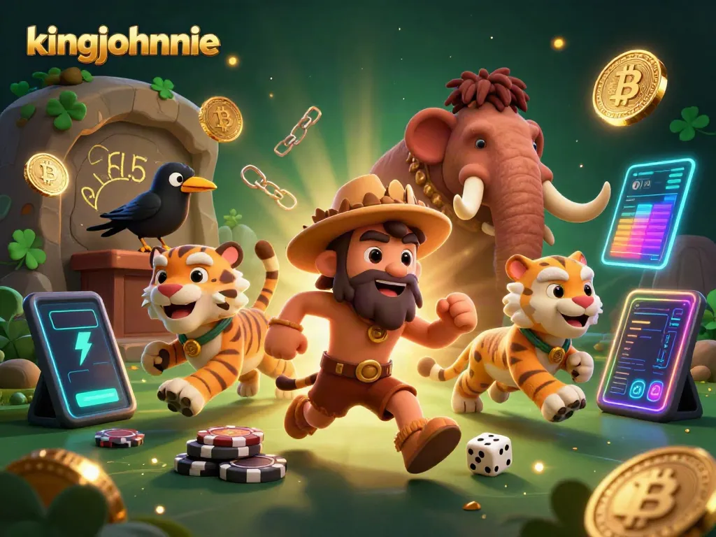 Engage in thrilling gameplay with kingjohnnie at this vibrant prehistoric casino scene adorned with crypto elements.