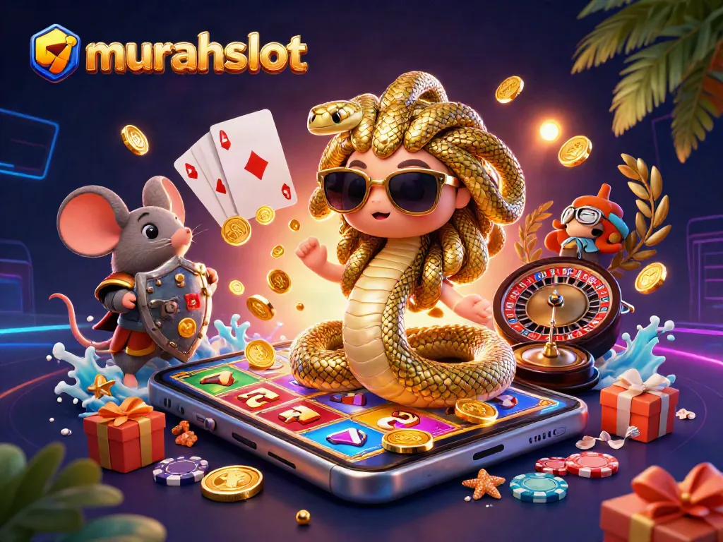 Spin the reels on murahslot, featuring a fun Medusa and a mouse warrior amidst vibrant casino elements.