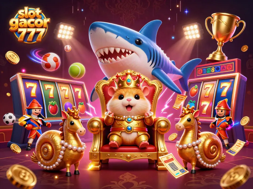 Permainan slot gacor 777 ditampilkan dengan Raja Hamster dalam gambar kasino yang kaya detail.