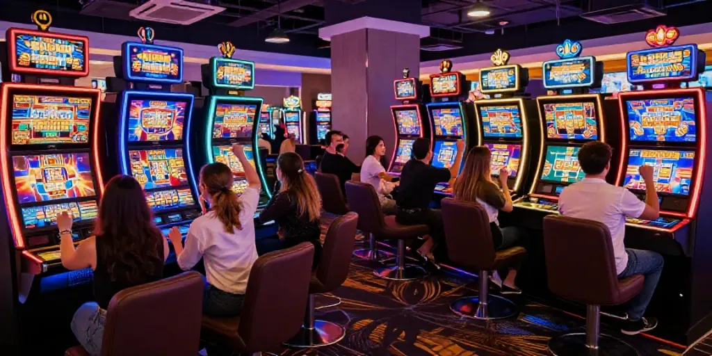 Permainan slot online yang seru di kasino dengan pemain merayakan kemenangan.