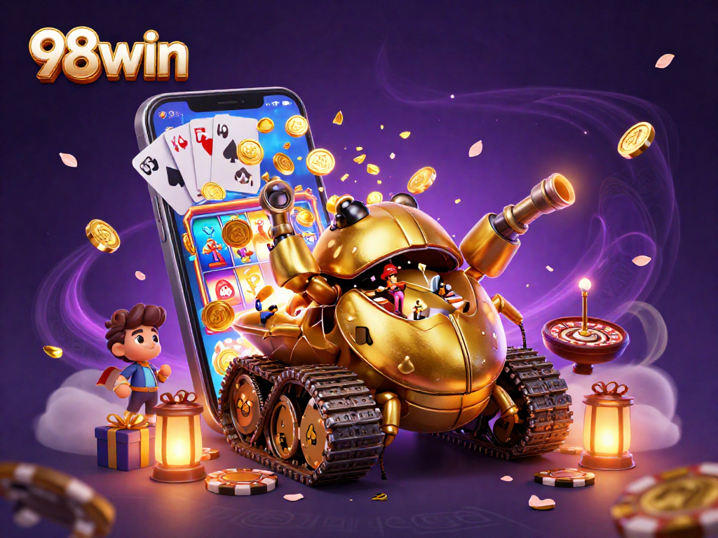 Experience 98win with vibrant casino-themed illustration showcasing excitement and fun.