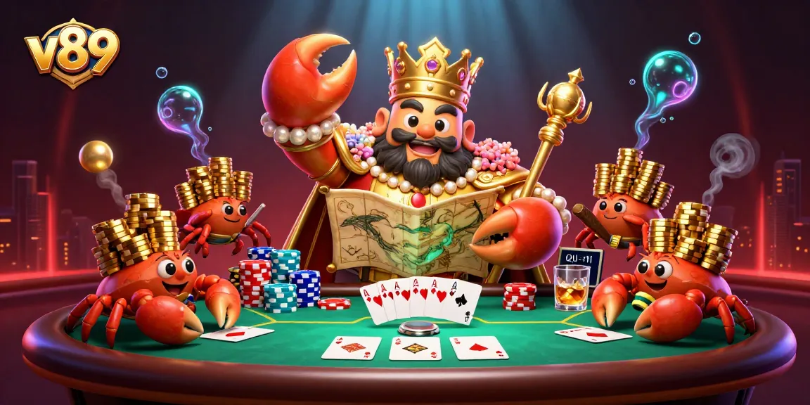 Menangkan jackpot di v89 dengan krab emas raksasa dan tumpukan chip poker di lautan.