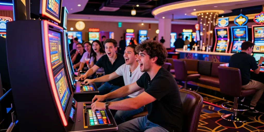 Exciting casino scene with friends celebrating around a slot88 machine, vibrant lights and joyful expressions.