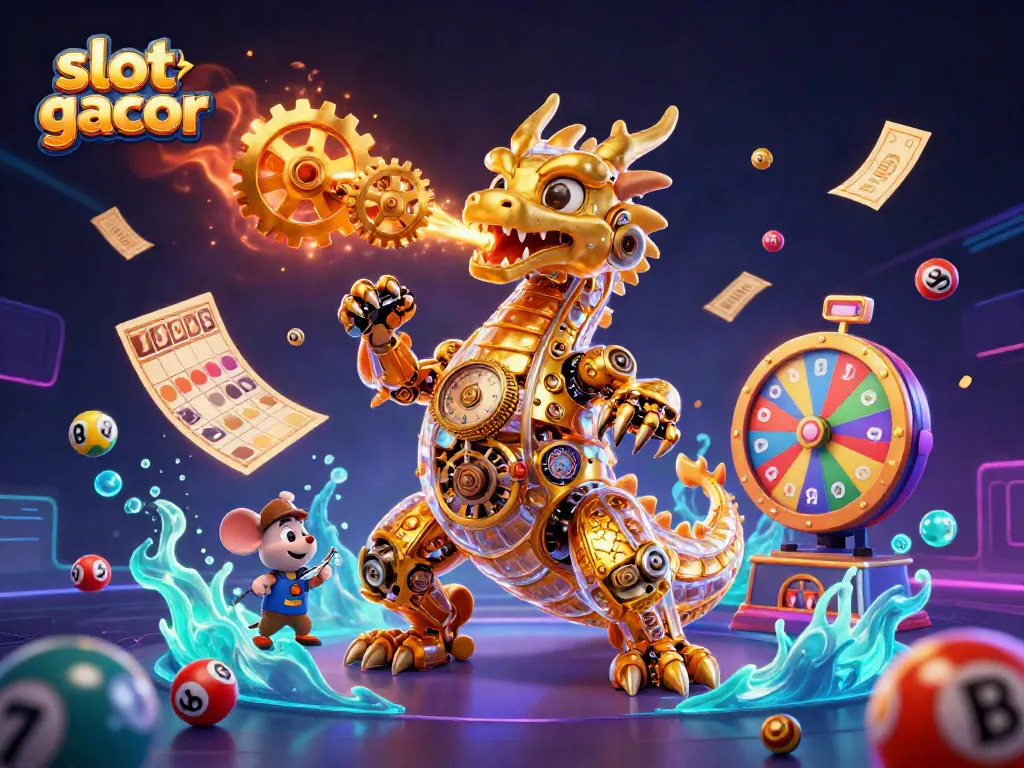 Engage with the slot gacor scene featuring a golden dragon and vibrant gaming elements.