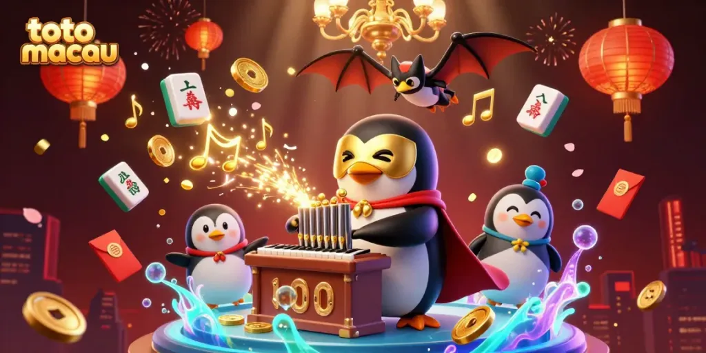 Ilustrasi dinamis toto macau dengan penguin fantom dan organ pipa yang mengeluarkan koin emas, dikelilingi oleh elemen permainan kasino.