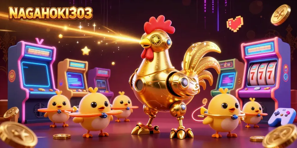 NAGAHOKI303 showcases a vibrant scene with a golden rooster robot and game elements, perfect for gamblers.