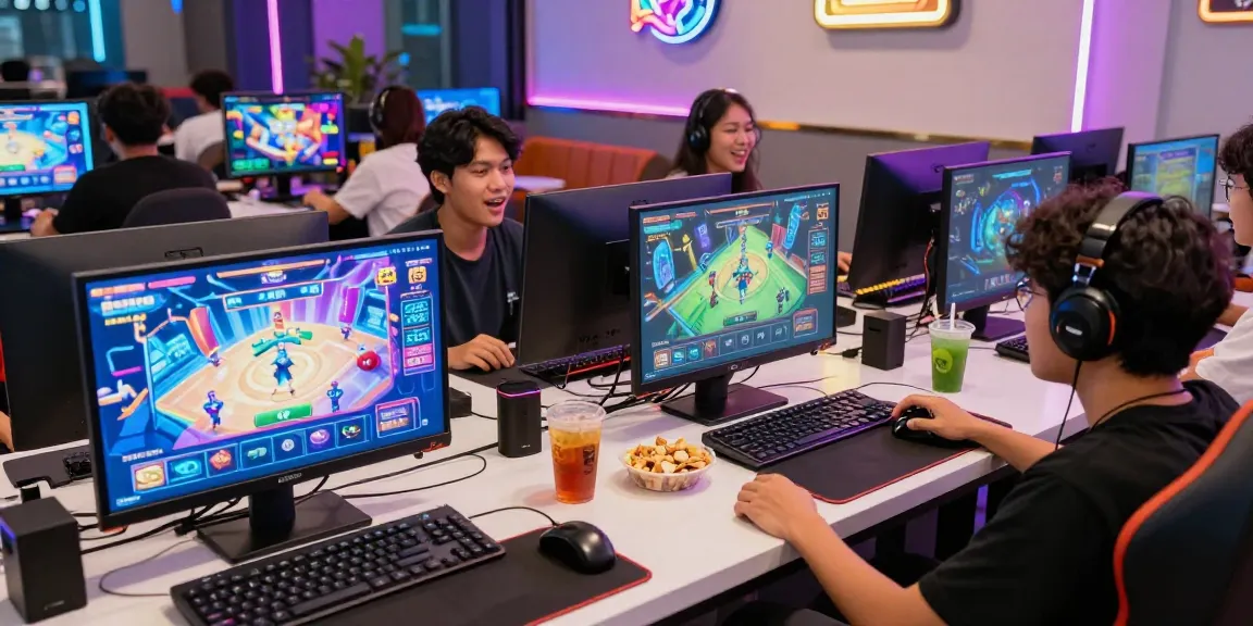 Pengguna aktif bermain di platform Link Sis77 dengan suasana yang energik di kafe gaming.