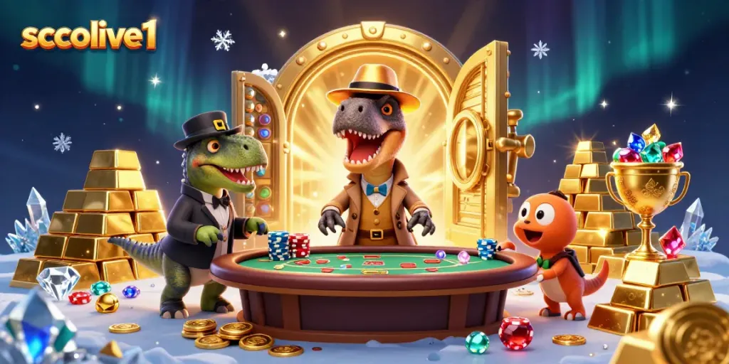 Socolive1 offers an exciting blackjack table scene with animated dinosaurs engaging in gameplay and mischief.