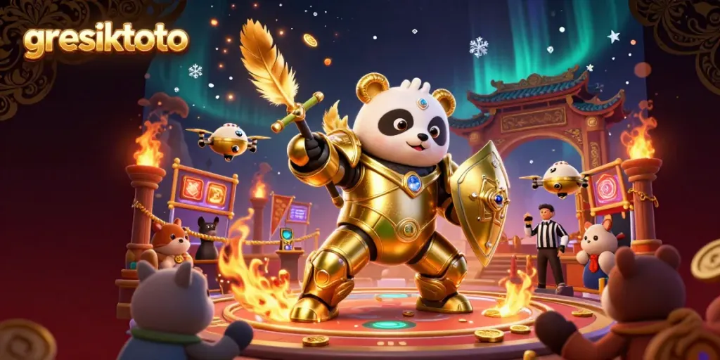 Engage in thrilling gaming at gresiktoto with golden panda piloting a lively robot in a bustling casino.