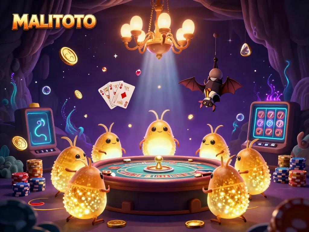MALITOTO casino illustration showcasing glowworms lighting a vibrant casino scene with coins and gems.