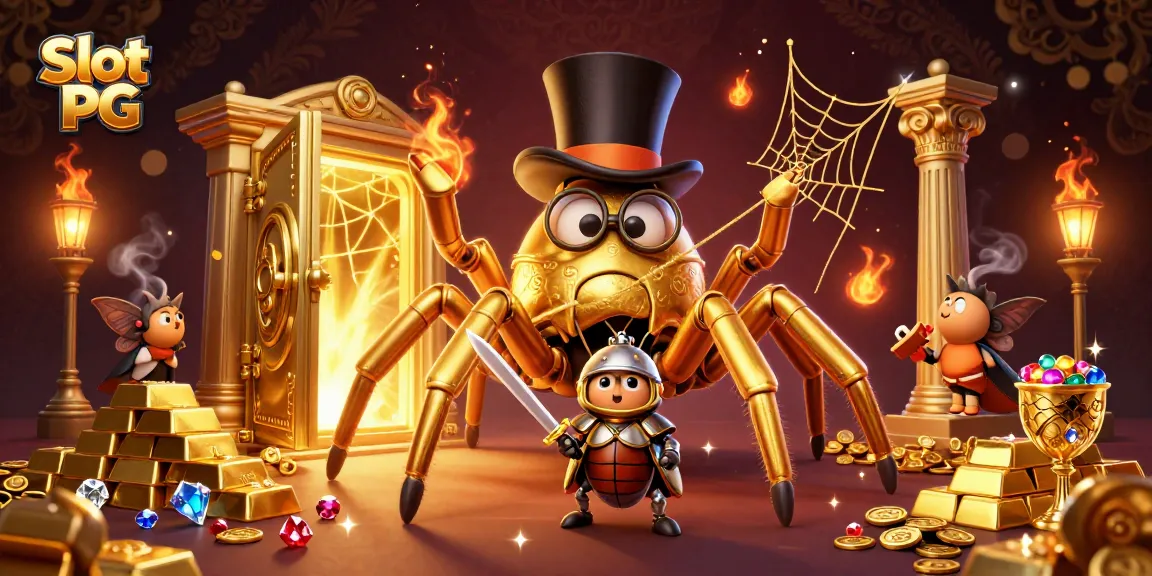Spin the reels with Slot PG in this vibrant casino scene featuring a giant golden tarantula and treasure
