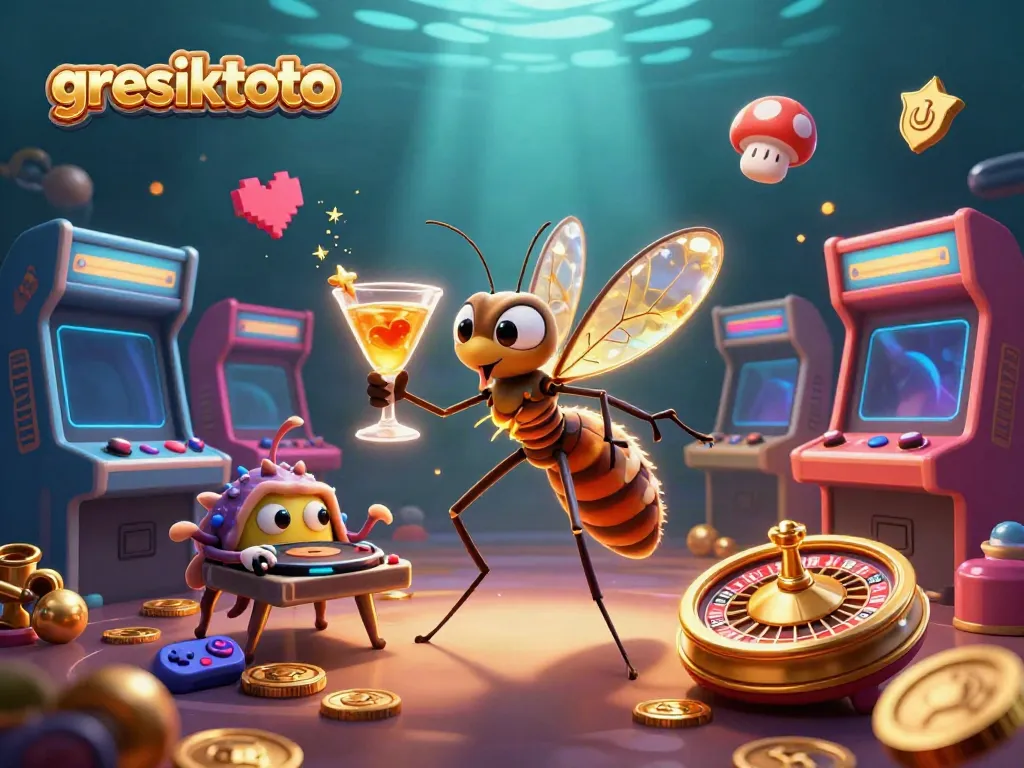 Masuk ke dunia gresiktoto dengan ilustrasi maskot kasino dan elemen permainan slot yang menarik.
