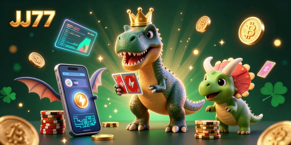 Engage with JJ77 by witnessing a fun scene of a T-Rex playing cards at a casino.