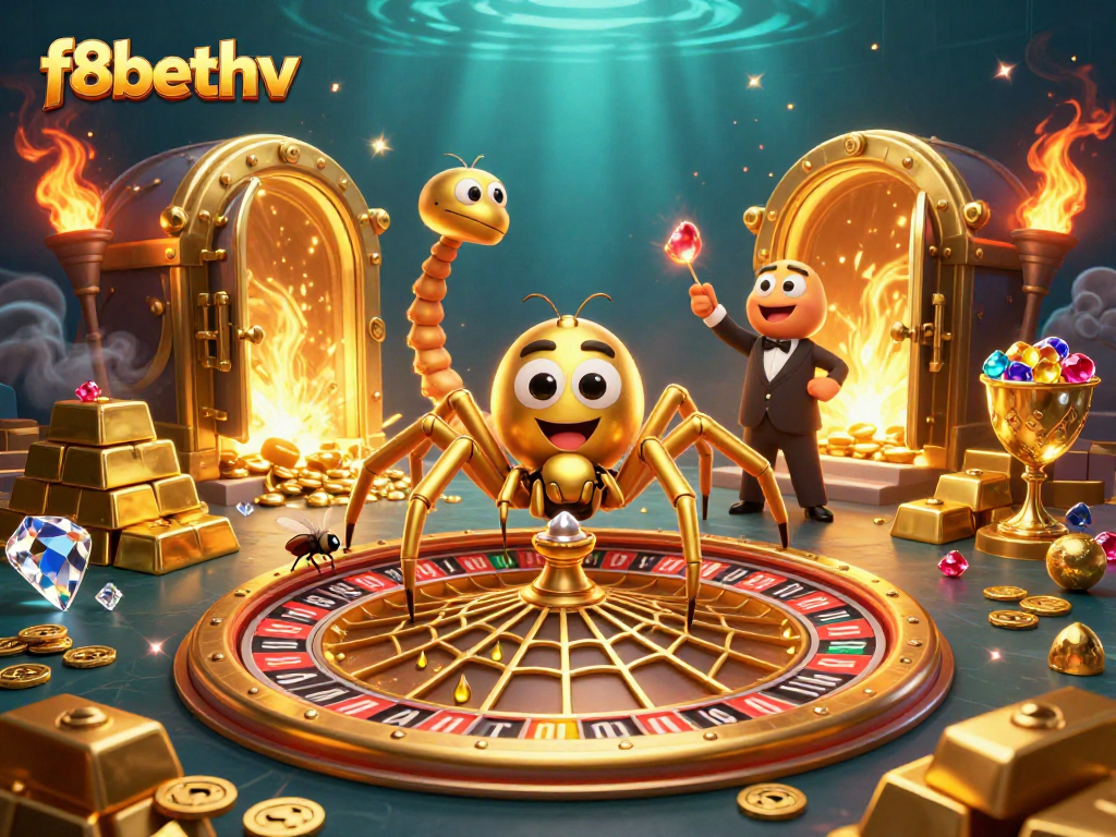 Join the thrilling f8bethv casino experience with a golden spider spinning a roulette web.