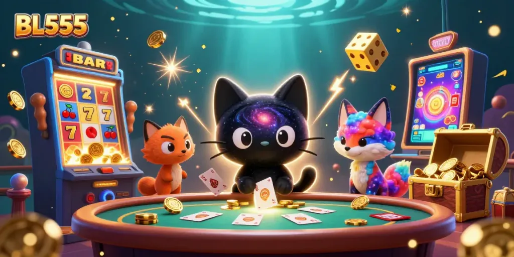 Engage with BL555's stunning gambling scene featuring a cosmic cat and nebula fox in a vivid casino atmosphere.