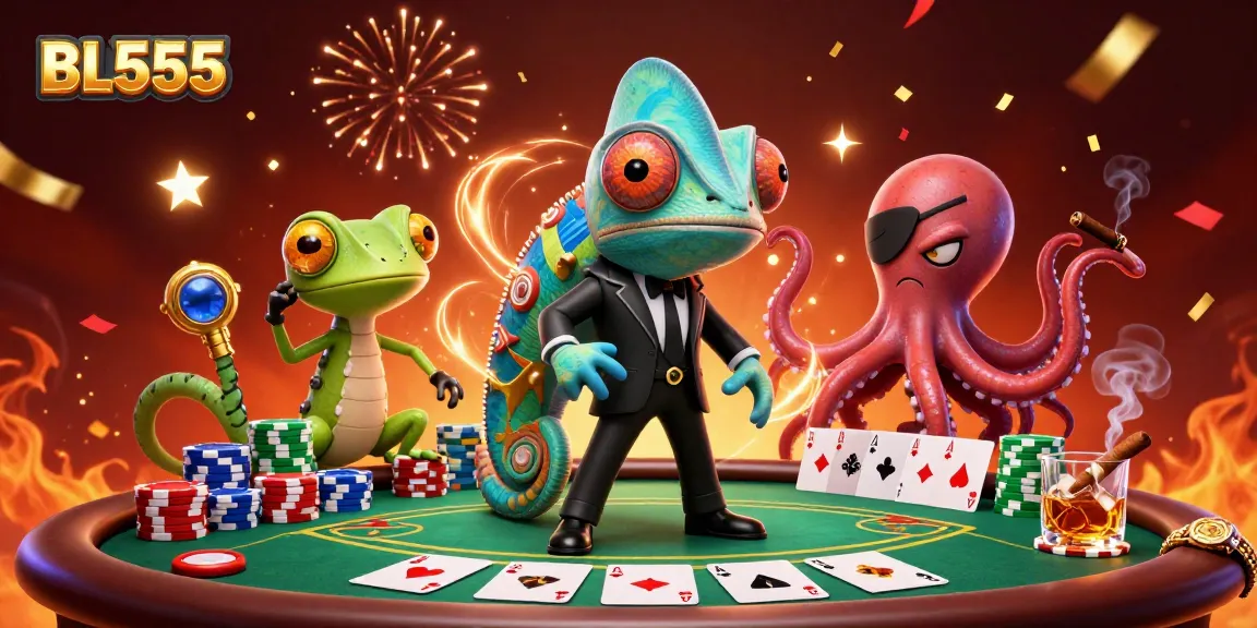 Engage in exciting gaming at BL555 with vibrant 3D casino characters amidst poker action.