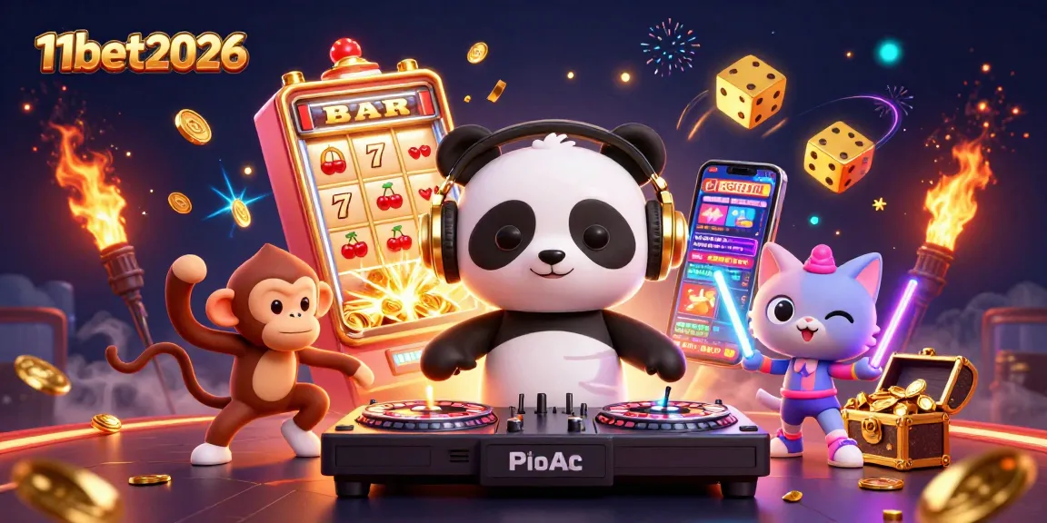 Engaging scene showcasing 11bet2026 with a DJ panda, breakdancing monkey, and rave kitten among vibrant casino elements.
