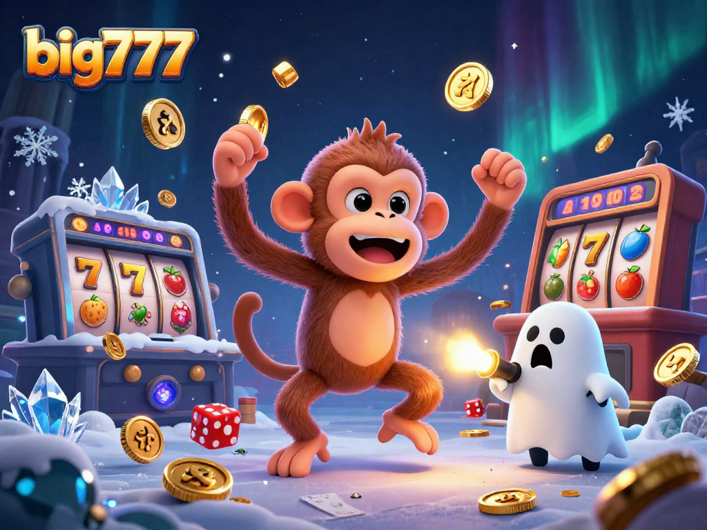 Experience the excitement of big777 as a mischievous monkey juggles winning slots in a haunted casino scene.