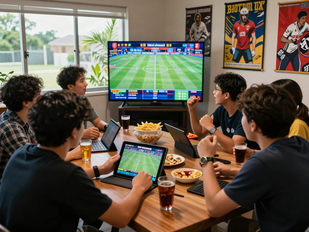 Friends engaging in sports betting, using the bro138 link alternatif on a tablet amidst an exciting game day atmosphere.
