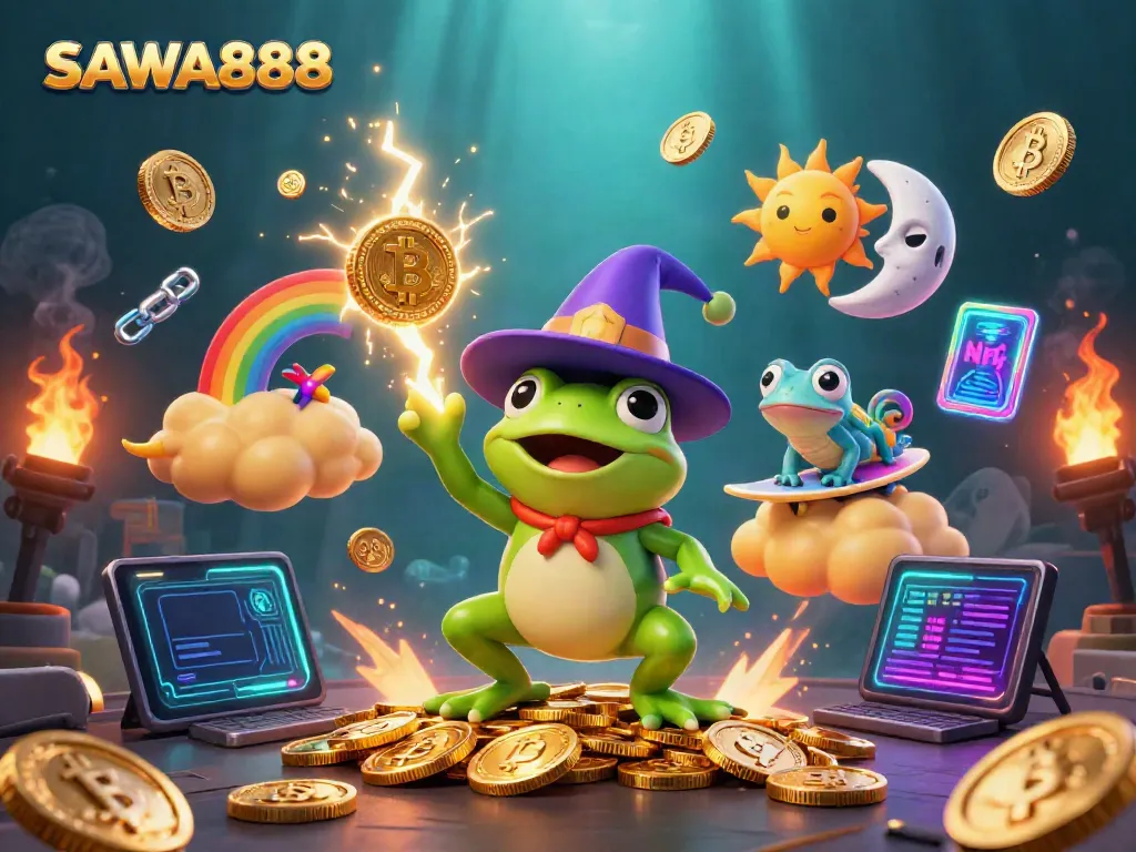 Experience thrilling gameplay with SAWA888 in a vibrant 3D casino scene filled with golden coins and lively characters.